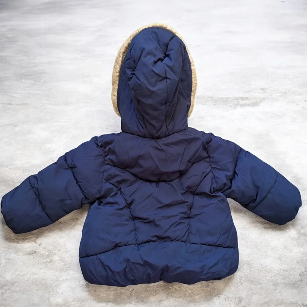 Zara Baby Puffer Lined Jacket 12-18 months Navy Blue Fur Hood Snap Pockets Coat